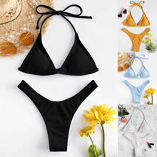 Conjunto De Bikini con Push-Up para mujer, traje De baño De dos piezas con cuello Halter, corte alto, encaje, # H40 2024 - compra barato