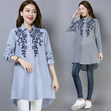 Women Vintage Cotton and Linen Stripe Shirt Fashion 2020 New Long-sleeved Lapel Shirt Embroidery Pockets Blouse Tunic Tops 2024 - buy cheap