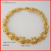 FOROMANCE / 8.3"  LADY YELLOW GOLD GP FLOWERS CLEAR ZIRCON STONE PART LINK BRACELET BANGLE 10MM WIDE FLOWER CHAIN 2024 - buy cheap