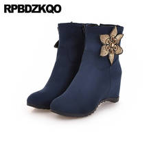 Zapatos tobilleros de punta redonda para mujer, calzado de tacón alto con flores, color azul marino, con cremallera lateral, 12 44, 2021 2024 - compra barato