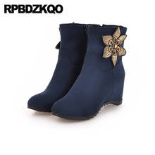 Round Toe Big Size Ankle Short Women Winter Flower High Heel Navy Blue 2021 10 Side Zip Boots 12 44 Hidden Cheap Shoes Suede 2024 - buy cheap