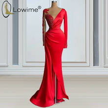 Vestido de noite de sereia, elegante, vermelho, manga longa, decote ilusão, cetim com contas, vestido de noite, com fenda, 2021 2024 - compre barato