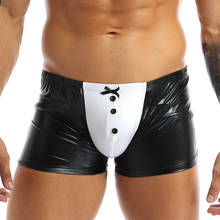 Calcinha sensual para homens, cueca boxer de couro patenteado com botões e laço 2024 - compre barato