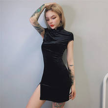 Chinese Style Women Cheongsam Bodycon Black Mini Dress Mandarin Collar Short Sleeve Chipao Split Women Dress Vintage Slim Dress 2024 - buy cheap