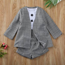 3 pçs 1-6y infantil do bebê meninas crianças conjuntos de roupas formal outfit manga curta tops calças casaco xadrez 2024 - compre barato