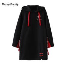 Feliz pretty moletom feminino bordado, casaco estilo harajuku preto, blusão de manga longa com capuz, inverno 2020 2024 - compre barato