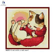 Conjuntos de hilo de bordar de un gato Con bufanda roja, patrón de punto de cruz, 11CT, lienzo impreso 14CT, punto de cruz China 2024 - compra barato