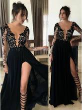 Sexy Long Sleeve Black Lace Evening Dresses with Slit Floor Length Zipper Back Chiffon V-Neck Formal Party Dresses for Women 2024 - buy cheap