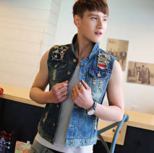 summer beach vest Men's denim vest slim men denim Outerwear Coats blue Moto & Biker hole Sleeveless vest for men big size 5xl 2024 - buy cheap