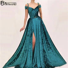 Elegant Emerald Green Muslim Evening Dresses 2022 Sexy Slit V-Neck Off The Shoulder Velvet vestidos de gala Evening Gown 2024 - buy cheap