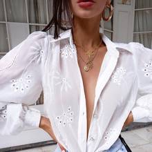 Blusa blanca informal de manga larga para mujer, camisa bordada con botones calados, 100% algodón, para oficina, 2021 2024 - compra barato