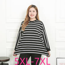 New Autumn Winter Plus Size Tops For Women Large Loose Casual Cotton Elastic Black And White Stripe O Neck T Shirt 5XL 6XL 7XL 2024 - buy cheap