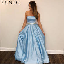 Vestido de noite azul-claro, sem alças, longo o chão, personalizado, festa formal, com faixa de contas, vestido de baile 2024 - compre barato