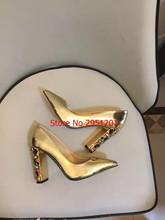 Chic Gold Leather Pumps Woman Pointed Toe Rhinestone Diamond Crystal High Heel Dress Shoes Luxury Women Party Chunky Heels 2024 - buy cheap