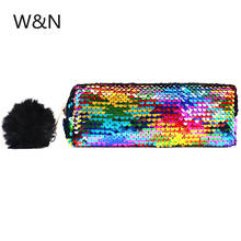 Kawaii Reversible Sequin Pencil Case School Pencil Case For Girls Cute Hairball Pencil Box Bag Stationery School Supplies Tools 2024 - buy cheap
