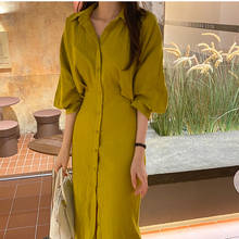 Women Autumn Elegant Mustard Yellow Long Shirt Dress Slim Waist Sashes Single Breasted Lantern Sleeve Midi Dresses 2024 - buy cheap