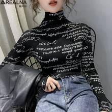 autumn Vintage Print Tops Letter Doodle blouse Women turtlenecks Long Sleeve Slim Stretchy Casual Clothes Blouses blusas mujer 2024 - buy cheap