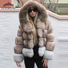 Бежевый синий лисий мех зимнее пальто для женщин зима с капюшоном утолщенная теплая куртка 2019 новая одежда из натурального меха 2024 - купить недорого