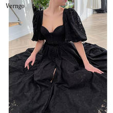 Verngo Vintage Black Full Lace Formal Evening Dresses Puff Half Sleeves Sweetheart Buttons Front A Line Long Prom Gowns 2024 - buy cheap