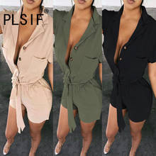 Simples cor pura manga curta único-breasted macacões magros casual senhora moda bainha playsuits 2024 - compre barato