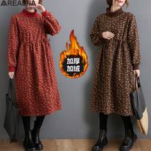 Women Dress Autumn Winter Vintage velvet warm Print Casual Lace Up Long Sleeve Retro Cotton Maxi Robe Floral dresses for women 2024 - buy cheap