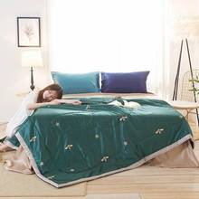 47Dark Green Bees Stars Quilt Satin Polyester Fabric Silk Feeling Quilted Comforter Summer Blanket Twin Queen Size 2024 - buy cheap