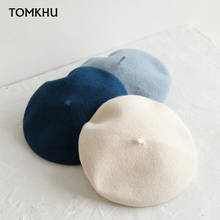 TOMKHU-boina de lana fina para mujer y niña, gorro de artista francés, Color sólido, cálido, blanco y azul, para invierno 2024 - compra barato