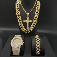 Relógio, pulseira e colar luxuosos para homens, dourados, cubanos, conjunto com corrente, colar de cristal, hip hop, para homens 2024 - compre barato