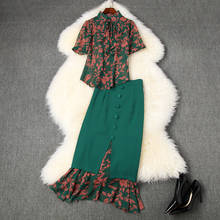 Conjunto de traje elegante de pasarela para mujer, Blusa de manga corta con estampado Floral precioso, conjunto de camisa y falda, novedad de 2020 2024 - compra barato