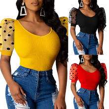 Summer Ladies Women Vintage Sexy Short Sleeve Low Cut Rib Polka Dot Puff Sleeve Skinny Club Fashion T Shirts Tops 2024 - buy cheap