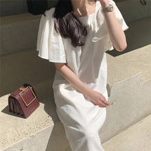 2021 New Women Summer Elegant Long White Dress Square Collar Flying Sleeve Pullover Maxi Sundress Split Hem 2024 - buy cheap