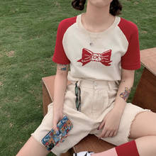 Camiseta de punto para mujer, remera de manga corta con patrón de lazo bonito de estilo coreano, Tops tejidos en rojo y negro, camiseta para mujer T478 2020 2024 - compra barato