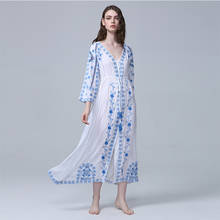 JSXDHK 2021 New Spring Summer Holiday Maxi Dress Runway Women Flower Embroidery Blue And White Porcelain Cotton Beach Long Dress 2024 - buy cheap