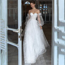 Vestidos De Noivas Renda Elegant White Wedding Dresses Lace with Cape Puff Long Sleeve Bride Dress 2021 Beach Wedding Gowns 2024 - buy cheap