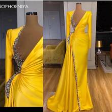 New Arrival Satin Yellow Long sleeve evening dresses 2021 sheer tulle Sexy Formal dress women party night Vestidos largos 2024 - buy cheap