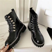 Leather Women Army Boots Chains Chunky Heels Shoes Woman Black Zapatos Mujer Winter Furry Warm Botas Mujer Metal Combat Boots 2024 - buy cheap