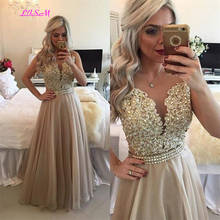 Chiffon Beaded Lace Applique Long Prom Dress Sheer Back Sleeveless Formal Gown O-Neck Floor Length Evening Dresses vestido festa 2024 - buy cheap