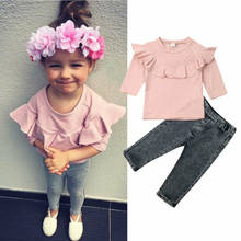 1-6Y Toddler Baby Girl Kids Clothes Sets Pink Ruffle Collar long Sleeve Denim Trousers Pants Clothes 2024 - buy cheap