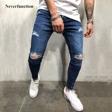 Men Streetwear Knee Ripped stretch Skinny jeans Slim Hip-hop distressed Holes blue jeans Joggers denim Pants man trousers 2024 - buy cheap