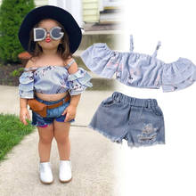 Focusnorm Fashion Toddler Baby Kids Girls Summer Clothes Set Off Shoulder T-shirt Tops+ Denim Shorts Girl Fashion Outfits 2024 - buy cheap