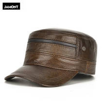 JAMONT Genuine Leather Hat With Ears Autumn Winter Men Cowhide Military Hats Adjustable Size Flat Cap Male Bone Snapback Cap 2024 - buy cheap