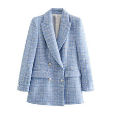 2021 Blue Twill Tweed Jacket Vintage Lattice Women Suit Jackets Ladies Asymmetrical Double Breasted Coat 2024 - buy cheap