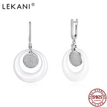 LEKANI Romantic Round 925 Sterling Silver Drop Earrings For Women   Full Cubic Zirconia Hanging White Ceramic Earring Jewelry 2024 - buy cheap