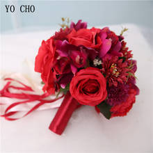 Yo cho buquê de rosas artificiais de seda, buquê de casamento ou damas de honra, suporte de buquê de casamento em vermelho champanhe 2024 - compre barato