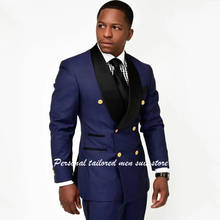 Ternos masculinos da moda, azul escuro, dupla-breasted, 2 peças, jaqueta + calça, terno masculino, casamento, formatura 2024 - compre barato