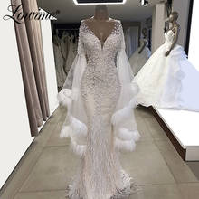 White Feather Muslim Formal Evening Dresses 2020 Custom Made Puffy Sleeves Mermaid Party Gowns Arabic Beaded Crystals Prom Dress 2024 - buy cheap