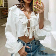 Vintage Ruffle V Neck Lace Up White Blouse Shirt Long Sleeve Summer Spring Beach New Tops 2021 Crop Tops Long Sleeve Tops Mujer 2024 - buy cheap