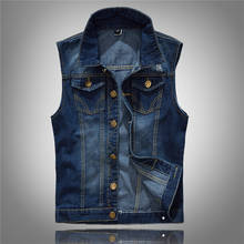 big size vest summer beachTraveling Men's denim vest slim men denim Outerwear Coats fashion hole Sleeveless vest for men blue 2024 - buy cheap