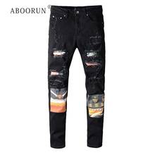 ABOORUN Hi Street Men's Skinny Printed Patchwork Jeans Black Ripped Hole Jeans for Male 2024 - buy cheap