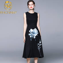 2021 Designer Runway Summer Dress Women O-neck Fashion Sleeveless High waist Floral print Black Elegant Midi Dress 2024 - buy cheap